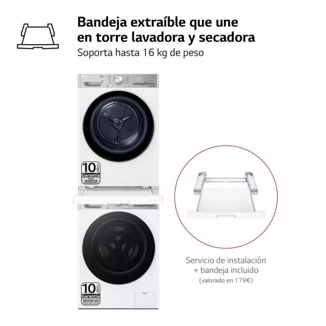 Torre LG 9 kg lavado + 10 kg secado, AI DD, 40 % ahorro frente a clase A, garant&iacute;a 30 a&ntilde;os.