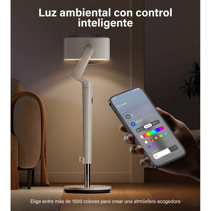El ventilador compacto con potencia TurboPoly para una circulaci&oacute;n total Altura regulable: 94107 cm

 Alcance ultra-lejano: hasta 33,5 metros
 Motor DC: sin escobillas (BLDC) de 36 W
 Velocidad del aire: 8,3 m/s
 Volumen de aire: 1100 CFM ( 1.870 m3/h)
 Nivel sonoro: 62 dB
 Oscilaci&oacute;n autom&aacute;tica horizontal: 30&ordm; / 60&ordm; / 90&ordm; / 120&ordm;
 Tecnolog&iacute;a TurboPoly con aspas bi&oacute;nicas para un flujo potente y silencioso
 Luz ambiental RGB con control inteligente
 Compatible con Alexa / Google Home
 Rejilla frontal y aspas desmontables para f&aacute;cil limpieza

Aplicaciones:
 Dormitorios, oficinas y salones.
 Perfecto para quienes buscan comodidad, dise&ntilde;o elegante y control inteligente.