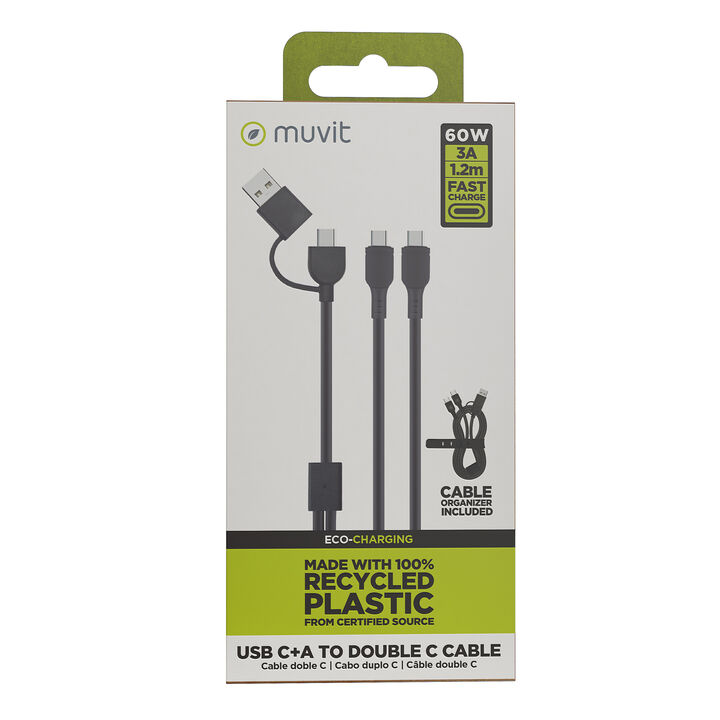 Carga y transfiere datos entre tus dispositivos con la nueva gama de cables y cargadores de muvit for change y contribuye a hacer del planeta un lugar mejor. 

Cable para carga y transferencia de datos con conector Tipo C + Tipo A a doble cable Tipo C, 3A transferencia r&aacute;pida, 1.2m de longitud, en color negro, 100% reciclable y fabricado con pl&aacute;stico 100% reciclado de origen certificado RCS - RECYCLED CLAIM STANDARD.&nbsp; 

En muvit for change nos comprometemos a donar el 1% de los ingresos para el planeta*.&nbsp;