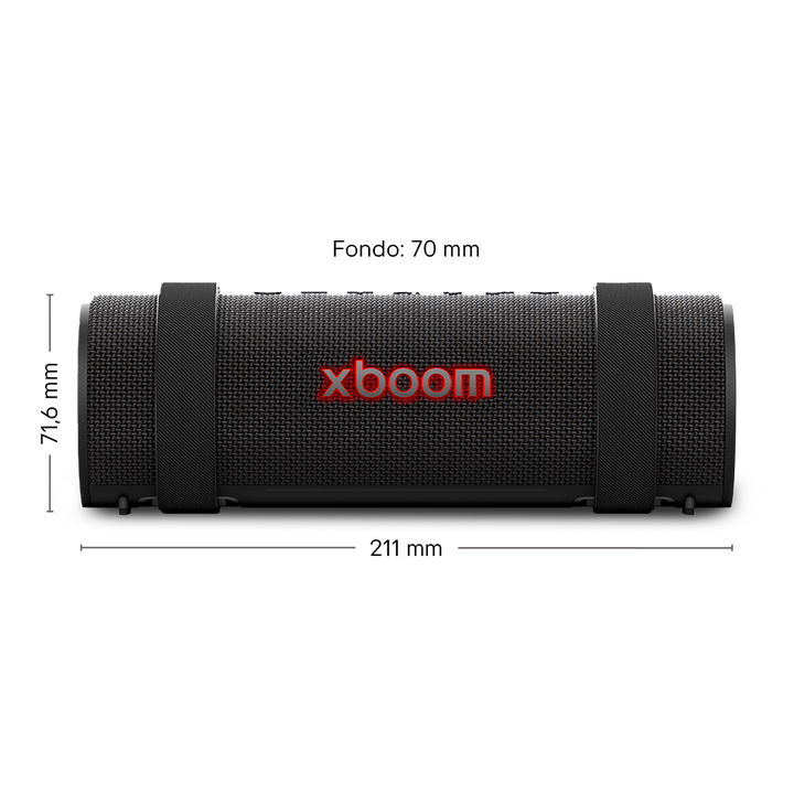 Altavoz port&aacute;til robusto IP67, correa integrada, 20 h, sonido potente y luz din&aacute;mica.