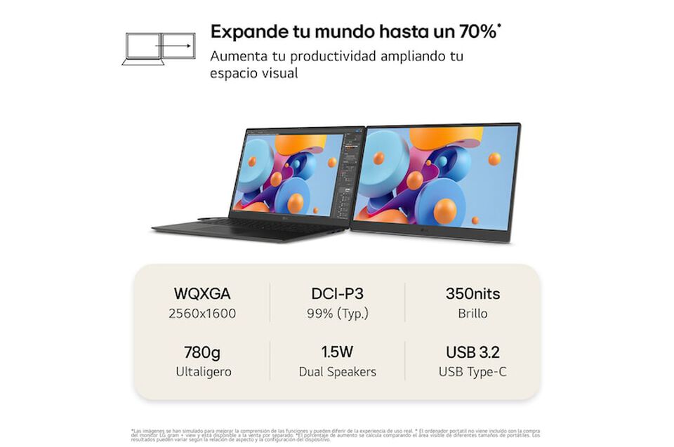 Monitor port&aacute;til LG Gram +view 17MT70-ASDWU de 17", WQXGA, USB-C y HDMI Mini, ultraligero y vers&aacute;til.