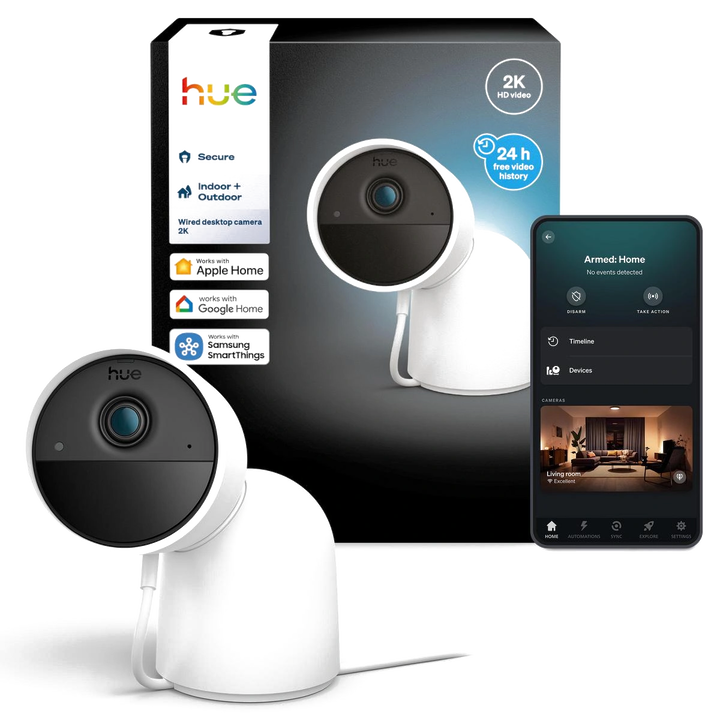 Camara Videovigilancia 2K, Blanca, soporte Mesa