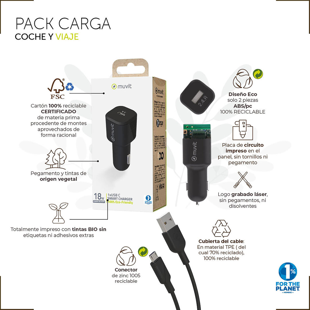 &iexcl;Carga y transfiere datos entre tus dispositivos y contribuye a cuidar el planeta! 

Pack muvit for Change que incluye un cargador de coche de un elegante dise&ntilde;o patentado. Est&aacute; fabricado con material reciclado y pensado en 3 piezas para facilitar su reciclaje al final de su vida &uacute;til. Dispone de 2 puertos USB 2.4A de potencia m&aacute;s un cable para carga y transferencia de datos con conector&nbsp;USB A / Tipo C, 1,2m de longitud, en color negro y 100% reciclable. 

En muvit for change nos comprometemos a donar el 1% de los ingresos para el planeta*.