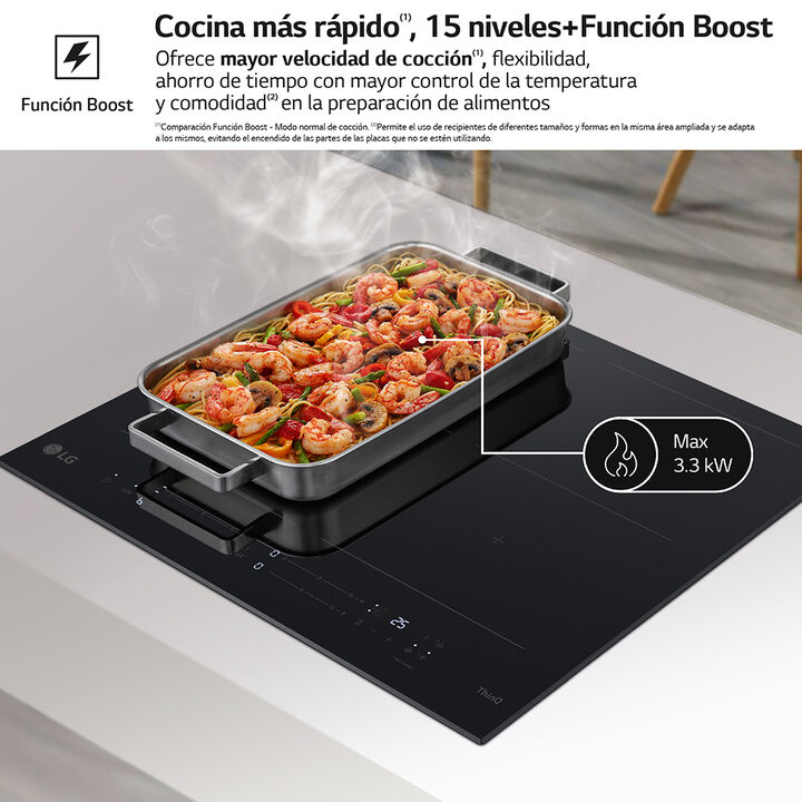Placa de inducci&oacute;n de 59 cm con 2 zonas Flex, controles t&aacute;ctiles deslizantes, funci&oacute;n Boost de 3,3 kW y conectividad WiFi para sincronizaci&oacute;n con campana. Cristal negro y m&aacute;xima flexibilidad de cocci&oacute;n