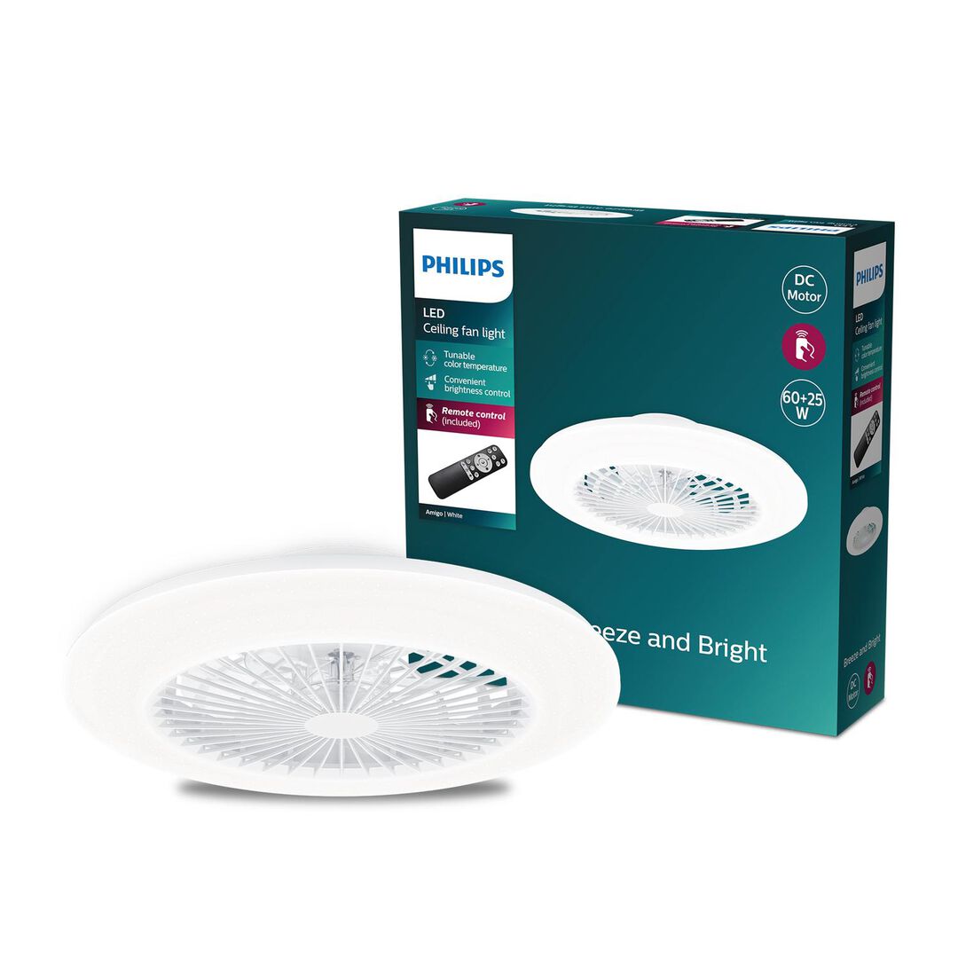 Ventilador plano con luz LED integrada. Configura el ambiente que desees desde la palma de tu mano con el mando a distancia. Controla fácilmente tus luces desde cualquier lugar. Combina una luz personalizable con una cómoda brisa con el ventilador de techo LED de Philips con 5 años de Garantía.

Aprovéchalo todo el año. Con modos de funcionamiento para verano e invierno, obtendrás los mejores ajustes para hacer circular el aire en su espacio durante todo el año. Disfruta de una brisa agradable. Lleve una suave brisa de a cualquier habitación de tu casa con la función Natural Breeze, que ofrece ajustes dinámicos de velocidad para el ventilador. El mando a distancia permite un controlar de forma sencilla todas las funciones del ventilador de techo y la luz. Enciende o apaga la luz o el ventilador, elige entre seis velocidades de ventilador, alterna entre los ajustes de luz para tener la iluminación perfecta para cada momento.

Adecuado para habitaciones hasta 15 m²