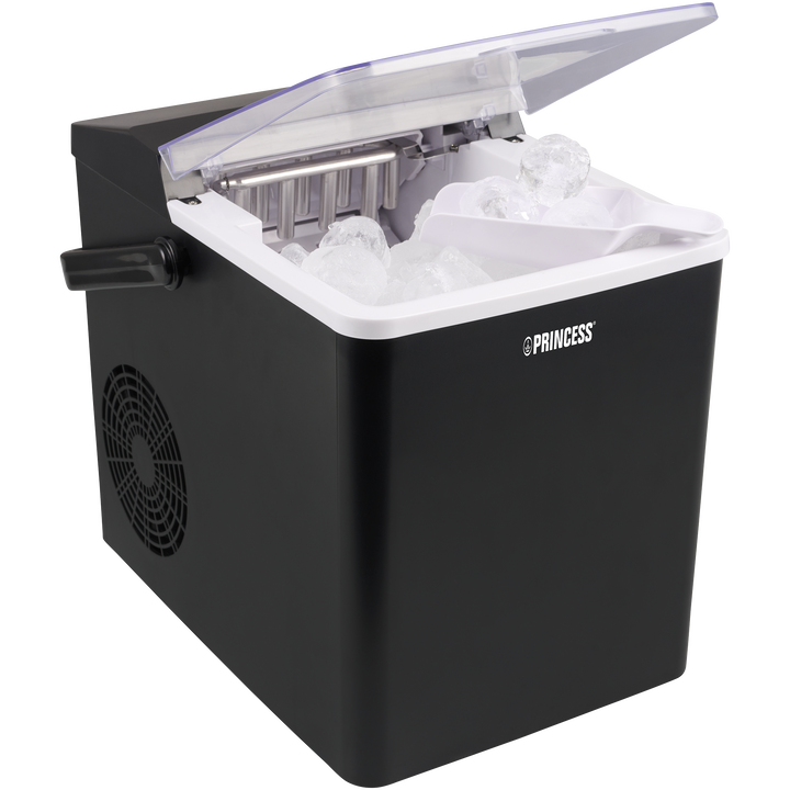 El fabricador de hielo Princess produce 9 cubos de hielo en solo 6 minutos. Esta m&aacute;quina completamente autom&aacute;tica cuenta con un gran dep&oacute;sito de agua de 1.75 L. La conveniente asa de transporte facilita mover y usar el fabricador de hielo en cualquier lugar. Con el panel de control digital, puedes ajustar el tama&ntilde;o de los cubos de hielo y activar la funci&oacute;n de autolimpieza, asegurando que siempre tengas hielo perfectamente fr&iacute;o. Con una capacidad de congelaci&oacute;n de 0.5 kg, este fabricador de hielo es ideal para cualquier ocasi&oacute;n.