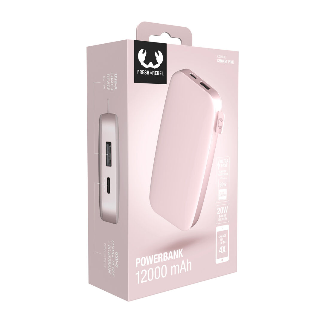 Powerbank 12000 mAh 

Batería recargable de bolsillo 

Nuestros últimos Powerbanks tienen un diseño suave y, gracias a la función de carga rápida, son más rápidos que nunca. Con 20W Power Delivery sus dispositivos estarán listos para funcionar antes de que se de cuenta. El Powerbank 12000 mAh puede cargar su teléfono hasta 4 veces y su tablet hasta 2 veces. 

 *  Carga ultrarrápida con suministro de energía de 20 W 

 *  Carga hasta el 50% en 30 min 

 *  6 características de seguridad 

 *  Aprobado para avión