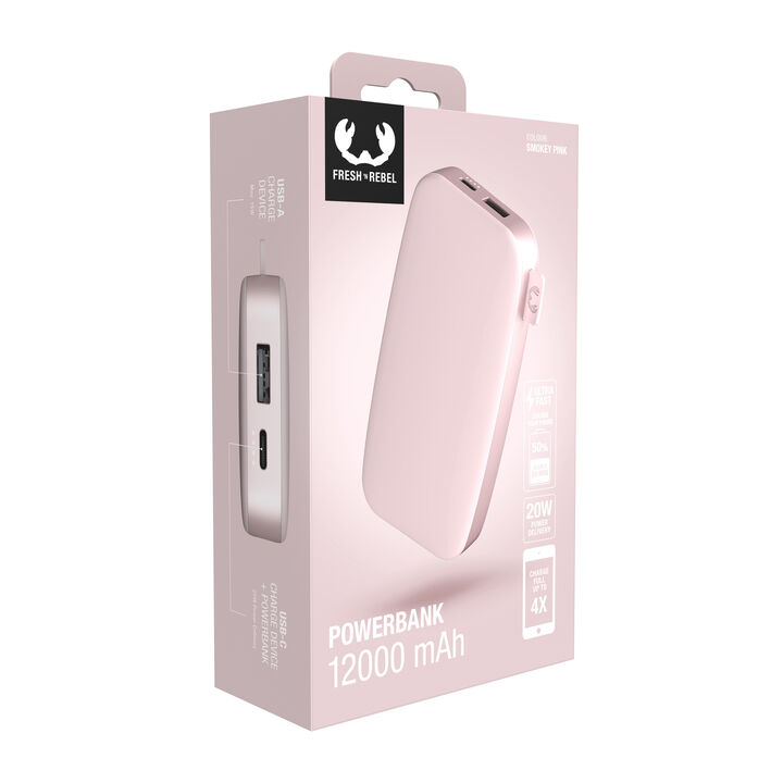 Powerbank 12000 mAh 

Batería recargable de bolsillo 

Nuestros últimos Powerbanks tienen un diseño suave y, gracias a la función de carga rápida, son más rápidos que nunca. Con 20W Power Delivery sus dispositivos estarán listos para funcionar antes de que se de cuenta. El Powerbank 12000 mAh puede cargar su teléfono hasta 4 veces y su tablet hasta 2 veces. 

 *  Carga ultrarrápida con suministro de energía de 20 W 

 *  Carga hasta el 50% en 30 min 

 *  6 características de seguridad 

 *  Aprobado para avión
