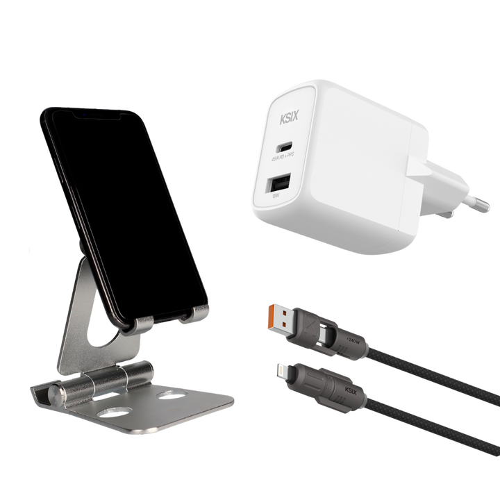 Disfruta de tu d&iacute;a a d&iacute;a en casa o en la oficina con la carga m&aacute;s avanzada para tus dispositivos gracias a este pack KSIX, que incluye un Cargador de red KSIX 45W GaN con Power Delivery y PPS + Cable de carga y datos KSIX 240W con cabezales plegables + Soporte de escritorio KSIX para m&oacute;vil, tablet y smartwatch.