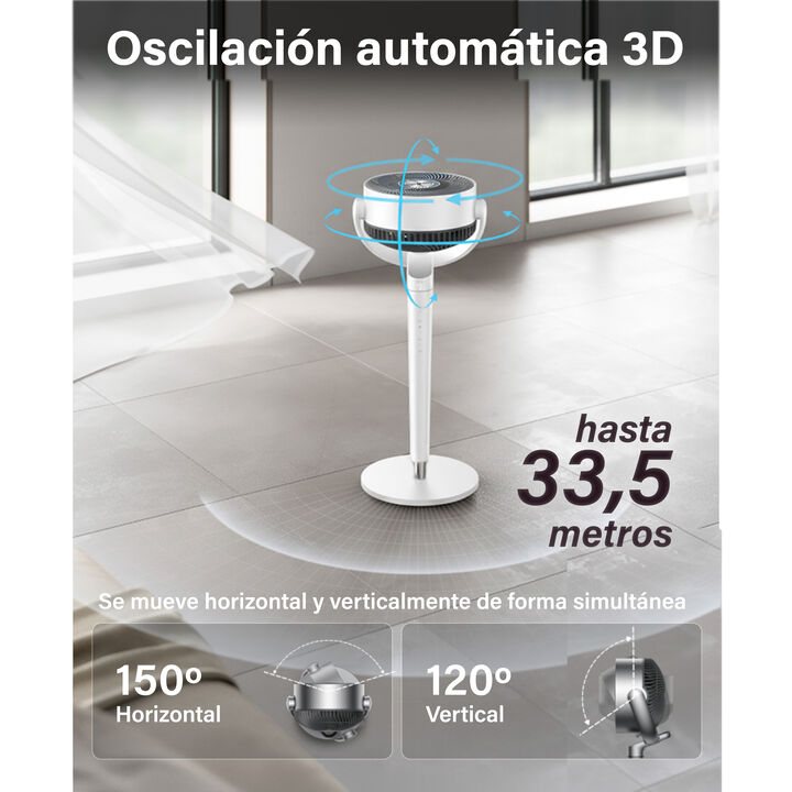 El ventilador compacto con potencia TurboPoly para una circulaci&oacute;n total Altura regulable: 94107 cm

 Alcance ultra-lejano: hasta 33,5 metros
 Motor DC: sin escobillas (BLDC) de 36 W
 Velocidad del aire: 8,3 m/s
 Volumen de aire: 1100 CFM ( 1.870 m3/h)
 Nivel sonoro: 62 dB
 Oscilaci&oacute;n autom&aacute;tica horizontal: 30&ordm; / 60&ordm; / 90&ordm; / 120&ordm;
 Tecnolog&iacute;a TurboPoly con aspas bi&oacute;nicas para un flujo potente y silencioso
 Luz ambiental RGB con control inteligente
 Compatible con Alexa / Google Home
 Rejilla frontal y aspas desmontables para f&aacute;cil limpieza

Aplicaciones:
 Dormitorios, oficinas y salones.
 Perfecto para quienes buscan comodidad, dise&ntilde;o elegante y control inteligente.