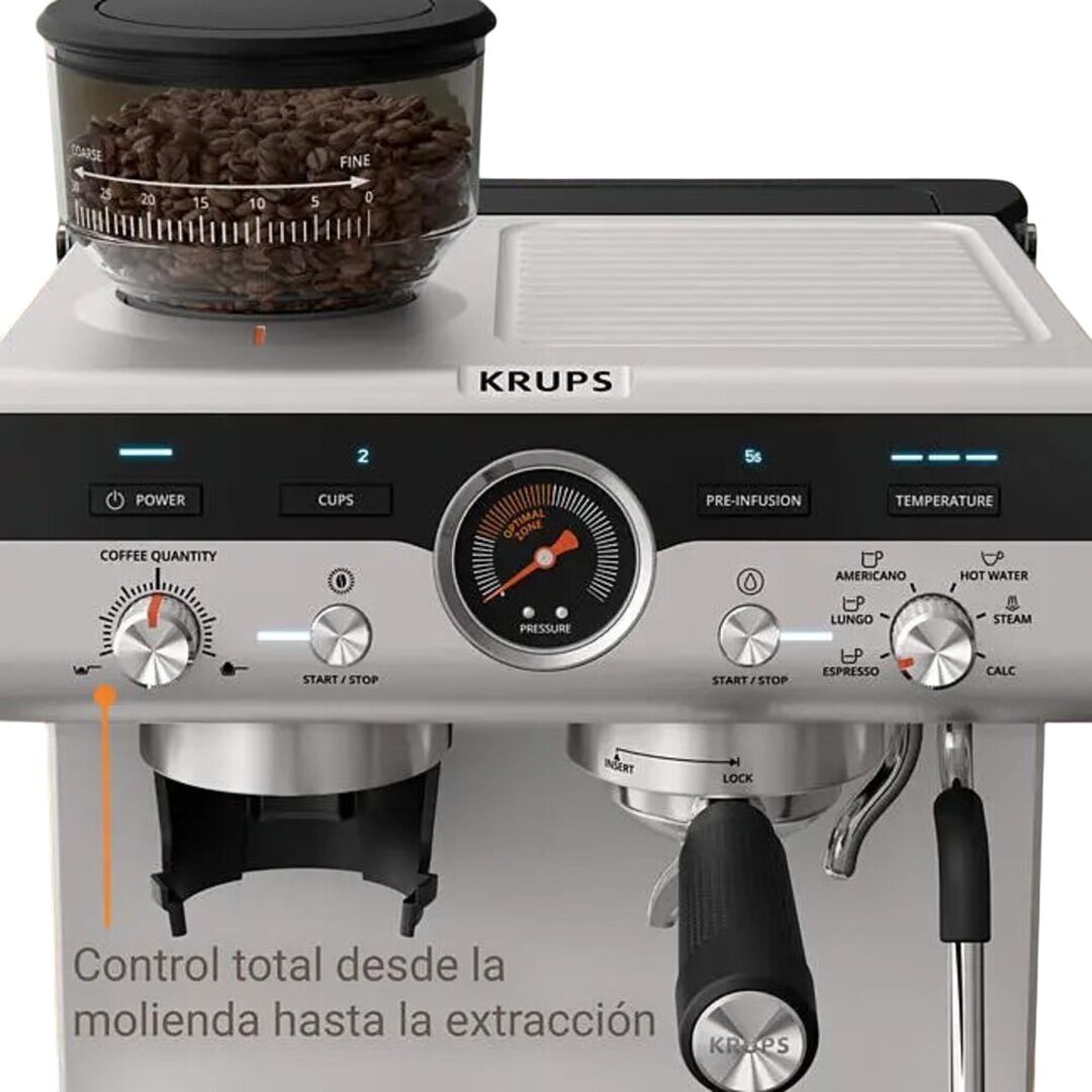 Una cafetera espresso con molinillo integrado para disfrutar de un café recién molido, con 30 ajustes de precisión por tipo de grano, para un resultado totalmente a tu gusto