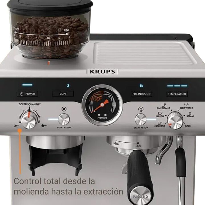 Una cafetera espresso con molinillo integrado para disfrutar de un café recién molido, con 30 ajustes de precisión por tipo de grano, para un resultado totalmente a tu gusto
