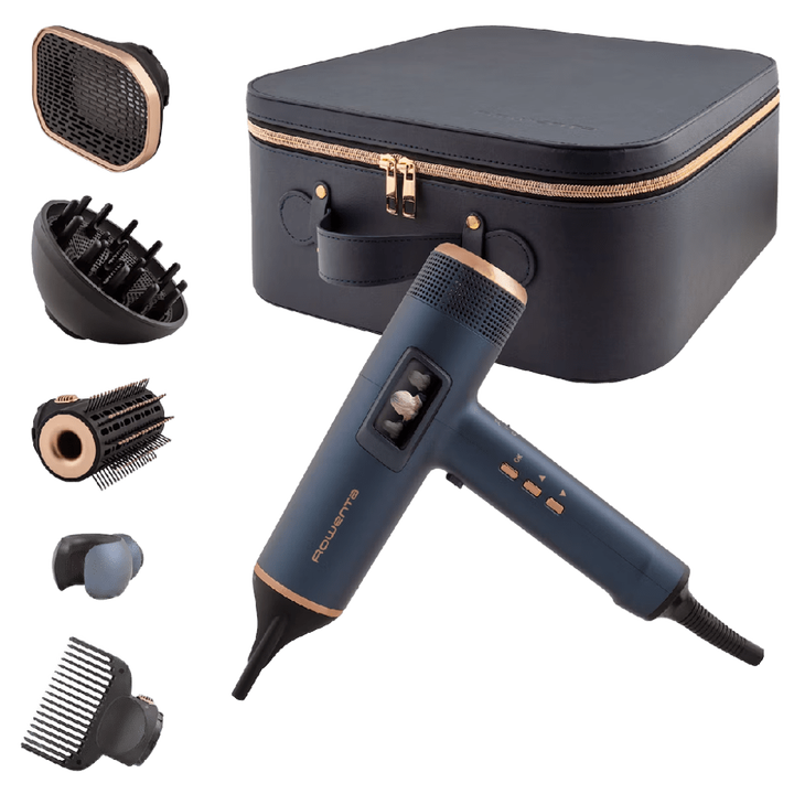 Secador de pelo, Pantalla LED integrada, 225 km/h, 6 accesorios, Estuche premium