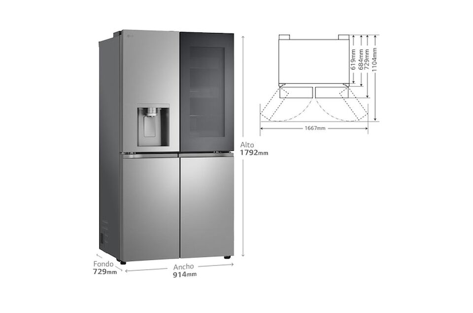 Frigor&iacute;fico americano de 4 puertas con 646 litros, InstaView, DoorCooling+, LinearCooling, UVnano y dispensador de agua y hielo. Clase energ&eacute;tica E y dise&ntilde;o inox antihuellas.