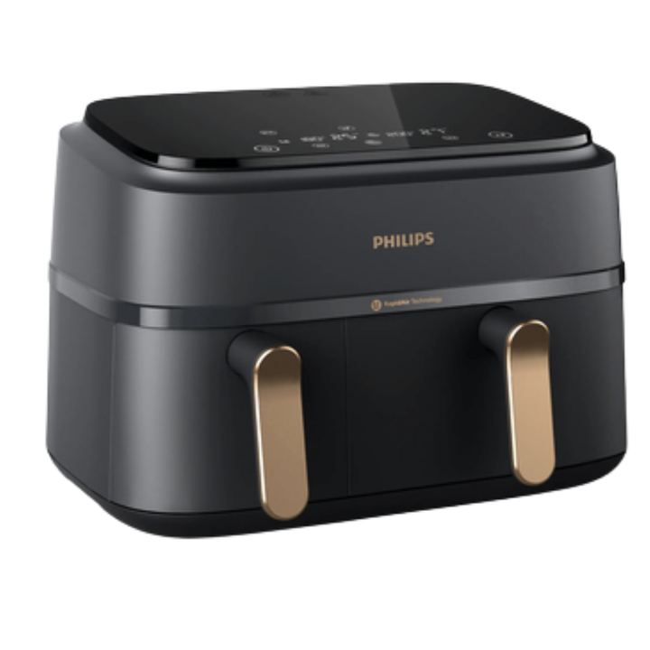 Airfryer Serie 4000 con doble cesta vertical (2&times;5 L, total 10 L), tecnolog&iacute;a Rapid Air, ventana de control, pantalla t&aacute;ctil superior, funci&oacute;n de sincronizaci&oacute;n y app HomeID de recetas. Color negro con mango cobre.