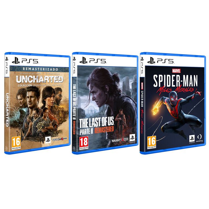 Pack de 3 videojuegos de PS5, The Last Of Us 2 remasterizado, Marvel's Spider-Man Miles Morales, Uncharted: legado de los ladrones.