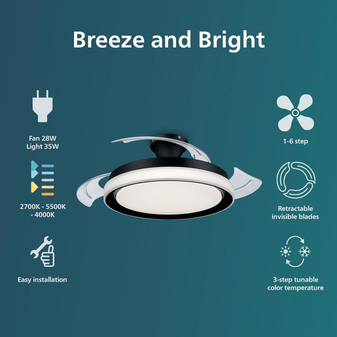 Ventilador de techo modelo Bliss Blanco 2024.

Haz que tu hogar resulte más agradable con la brisa y la luz adecuadas. Con solo un par de clics en el mando a distancia, el ventilador de techo retráctil con luz LED de Philips te brinda al mismo tiempo la iluminación y el frescor que necesitas del ventilador. El ventilador con aspas transparentes retráctiles no crea sombras molestas en el techo y, además, las aspas se pueden plegar cuando el ventilador no está en uso. Con todas las ventajas de EyeComfort y la luz ajustable SceneSwitch, satisface todas las necesidades de iluminación para tu espacio

Adecuado para habitaciones hasta 15 m²