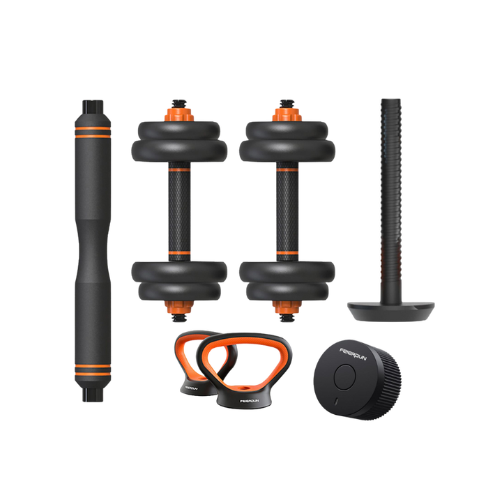 <p>El kit incluye varios discos de distintos pesos, juntamente con barras y soportes para pesas rusas, permitiendo personalizar todo tu equipo. Se pueden montar mancuernas, pesas rusas, barras con pesas y agarres para hacer flexiones.</p>