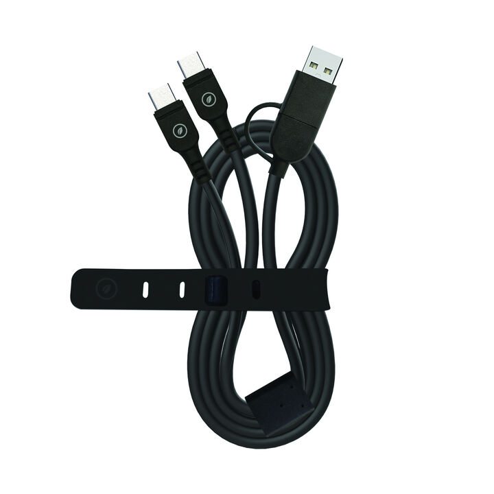 Carga y transfiere datos entre tus dispositivos con la nueva gama de cables y cargadores de muvit for change y contribuye a hacer del planeta un lugar mejor. 

Cable para carga y transferencia de datos con conector Tipo C + Tipo A a doble cable Tipo C, 3A transferencia r&aacute;pida, 1.2m de longitud, en color negro, 100% reciclable y fabricado con pl&aacute;stico 100% reciclado de origen certificado RCS - RECYCLED CLAIM STANDARD.&nbsp; 

En muvit for change nos comprometemos a donar el 1% de los ingresos para el planeta*.&nbsp;