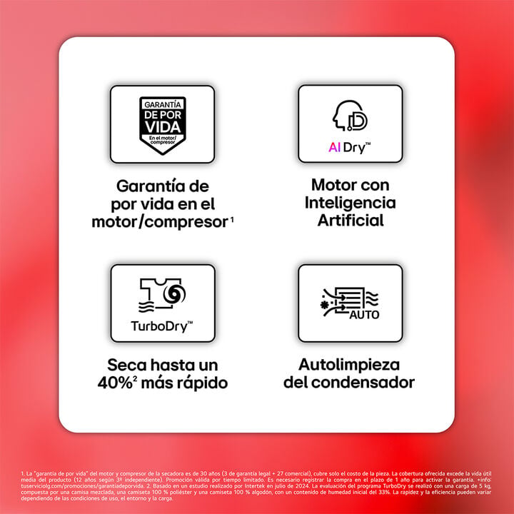 Secadora LG con bomba de calor Dual Inverter de 10 kg, clase C, con AI Dry, Eco Hybrid, autolimpieza del condensador y Wi-Fi ThinQ.