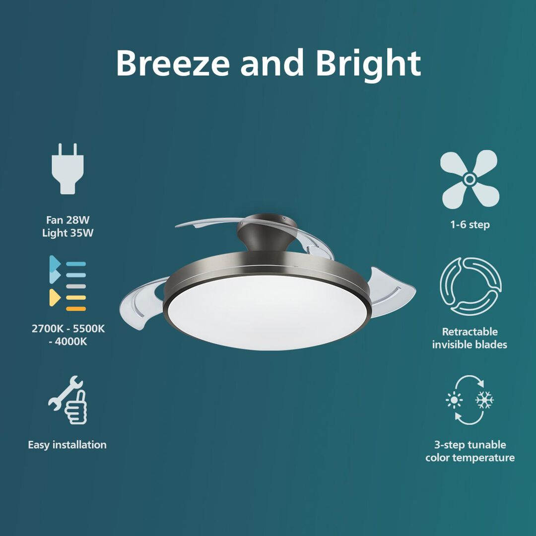 Ventilador de techo modelo Bliss Blanco 2024.

Haz que tu hogar resulte más agradable con la brisa y la luz adecuadas. Con solo un par de clics en el mando a distancia, el ventilador de techo retráctil con luz LED de Philips te brinda al mismo tiempo la iluminación y el frescor que necesitas del ventilador. El ventilador con aspas transparentes retráctiles no crea sombras molestas en el techo y, además, las aspas se pueden plegar cuando el ventilador no está en uso. Con todas las ventajas de EyeComfort y la luz ajustable SceneSwitch, satisface todas las necesidades de iluminación para tu espacio

Adecuado para habitaciones hasta 15 m²