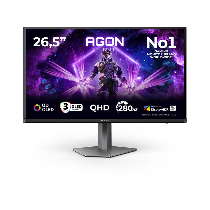 AOC AGON PRO AG276QZD2 Monitor 27" QHD, 240Hz, QD-OLED, 0.03ms GtG, HDR400, Adaptive Sync, Altura ajustable (2560x1440, 2x HDMI 2.0, 1x DP 1.4, USB Hub), Negro