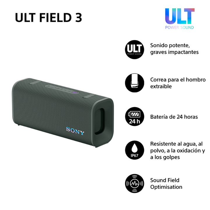<p>Presentamos ULT FIELD 3, el potente altavoz inalámbrico de Sony con 24h de batería que ofrece un sonido impactante y envolvente en un diseño portátil, se combina con un tweeter de alta calidad y dos radiadores pasivos para producir un sonido rico y detallado que te sorprenderá.</p>