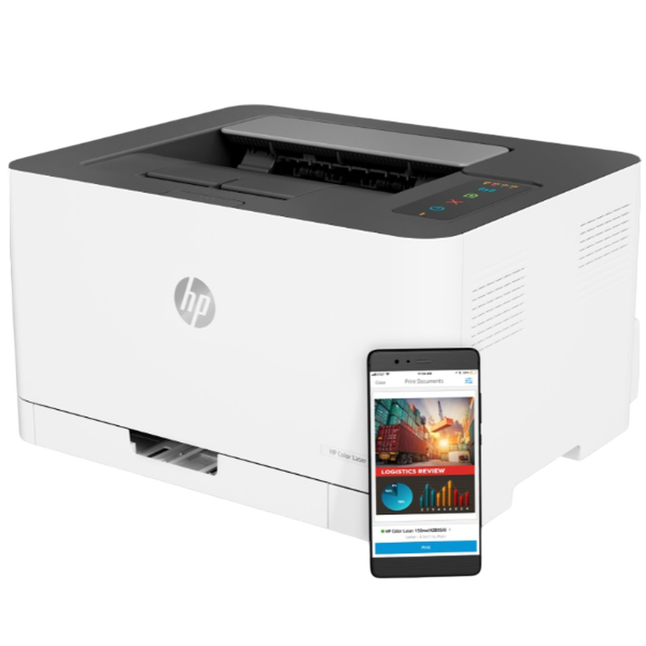 HP Color Laser 150nw a color más pequeña del mundo de su categoría. Imprime y obtén resultados en color de alta calidad, incluso desde tu teléfono.