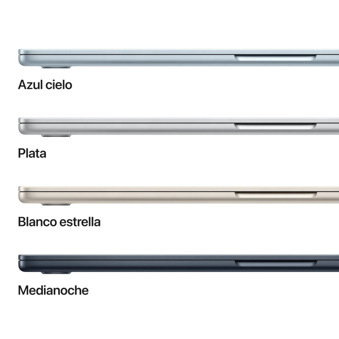 Al MacBook Air de 15 pulgadas con chip M4 trabajar y jugar no le pesa lo m&aacute;s m&iacute;nimo. Gracias a la combinaci&oacute;n de Apple Intelligence, una gran pantalla Liquid Retina, hasta 18 horas de autonom&iacute;a y un dise&ntilde;o superfino, ligero y ultrarresistente, el MacBook Air est&aacute; pensado para hacer lo que quieras donde quieras. Memoria 16 GB, capacidad SSD 256 GB.