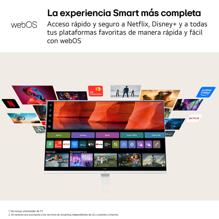 Smart Monitor LG de 32" (31,5") con webOS, panel VA Full HD y 120 Hz. Streaming sin PC, LG Channels, ThinQ, AirPlay, Bluetooth y altavoces integrados de 5 W x 2.
