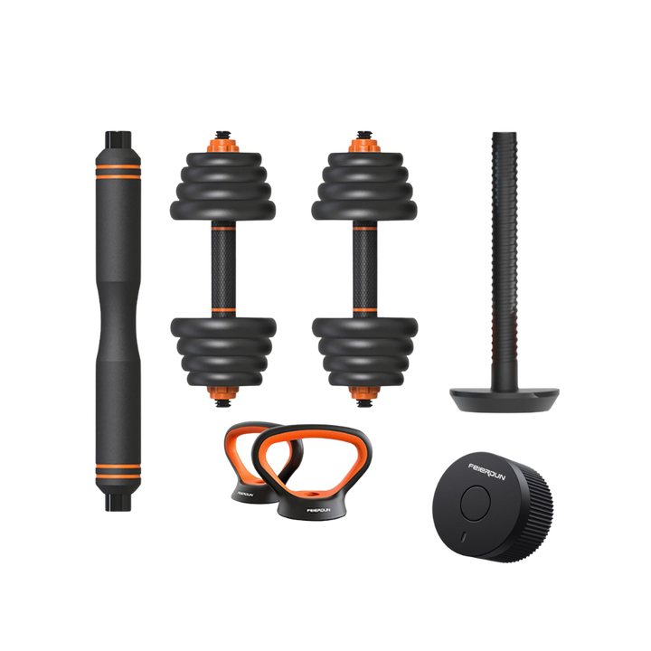 <p>El kit incluye varios discos de distintos pesos, juntamente con barras y soportes para pesas rusas, permitiendo personalizar todo tu equipo. Se pueden montar mancuernas, pesas rusas, barras con pesas y agarres para hacer flexiones.</p>