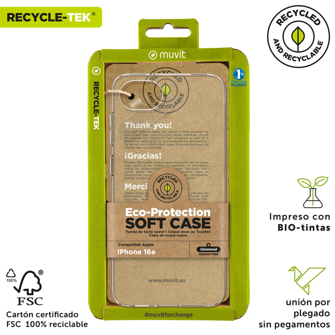 La protecci&oacute;n del medio ambiente es, hoy en d&iacute;a, una preocupaci&oacute;n en todo momento, junto a la preocupaci&oacute;n de proteger nuestro Smartphone. Con las fundas recycletek de muvit for change, proponemos una gama de fundas reciclables, fabricadas con fundas usadas y viejas. Una manera responsable de proteger nuestro smartphone. Porque contribuir en la lucha contra la contaminaci&oacute;n y proteger nuestro eco sistema, debe formar parte de nuestros gestos cotidianos.