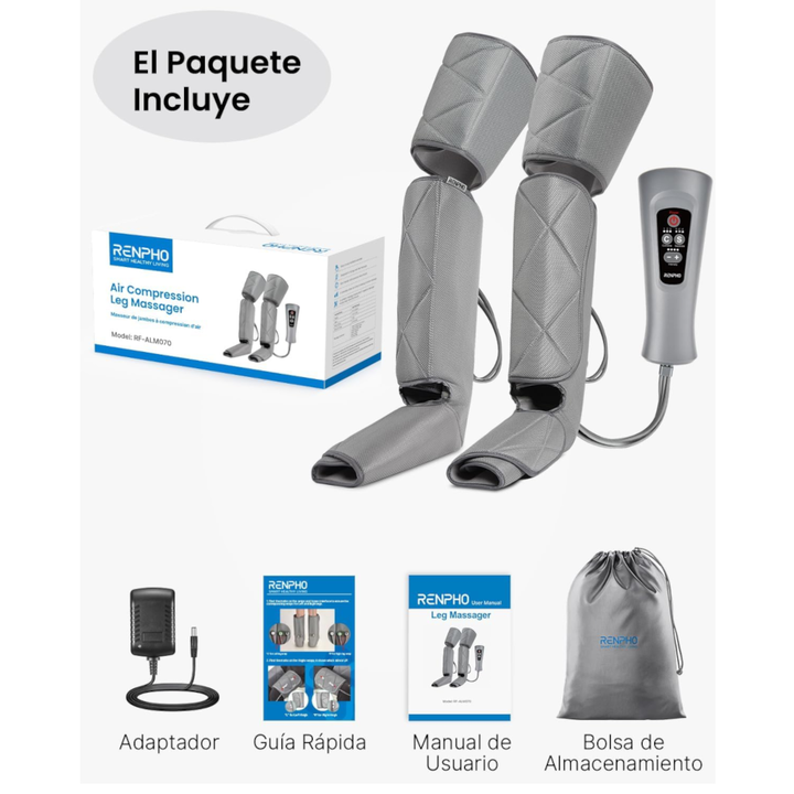 <p>Masajeador de Piernas Compresi&oacute;n de aire para masaje y relajaci&oacute;n muscular. 6 modos y 4 intensidades, ideal para pantorrillas, muslos y pies.Masajeador de piernas: dise&ntilde;ado para pies, pantorrillas y muslos. Este dispositivo de compresi&oacute;n de aire cuenta con 8X2 bolsas que inflan y desinflan, proporcionando un masaje efectivo para relajar los m&uacute;sculos.</p>