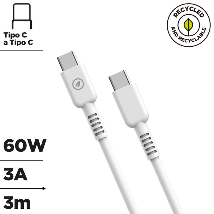 &iexcl;Carga o transfiere datos entre tus dispositivos y contribuye a cuidar el planeta! 

Cable para carga y transferencia de datos con conector Tipo C a Tipo C, 3A transferencia r&aacute;pida, 3m de longitud, en color blanco, 100% reciclable y fabricado con pl&aacute;stico 100% reciclado de origen certificado GRS - EST&Aacute;NDAR GLOBAL DE RECICLAJE.&nbsp; 

En muvit for change nos comprometemos a donar el 1% de los ingresos para el planeta*.&nbsp;