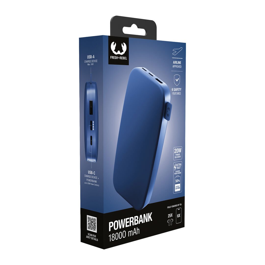 Powerbank 18000 mAh
Batería recargable de bolsillo
Nuestros ltimos Powerbanks tienen un diseño suave y, gracias a la función de carga rápida, son más rápidos que nunca. Con 20W Power Delivery sus dispositivos estarán listos para funcionar antes de que se de cuenta. El Powerbank 18000 mAh puede cargar su teléfono hasta 6 veces y su tablet hasta 3 veces.
 Carga ultrarrápida con suministro de energía de 20 W
 Carga hasta el 50% en 30 min
 6 características de seguridad
 Aprobado para avión Powerbank 18000 mAh
Batería recargable de bolsillo
Nuestros ltimos Powerbanks tienen un diseño suave y, gracias a la función de carga rápida, son más rápidos que nunca. Con 20W Power Delivery sus dispositivos estarán listos para funcionar antes de que se de cuenta. El Powerbank 18000 mAh puede cargar su teléfono hasta 6 veces y su tablet hasta 3 veces.
 Carga ultrarrápida con suministro de energía de 20 W
 Carga hasta el 50% en 30 min
 6 características de seguridad
 Aprobado para avión