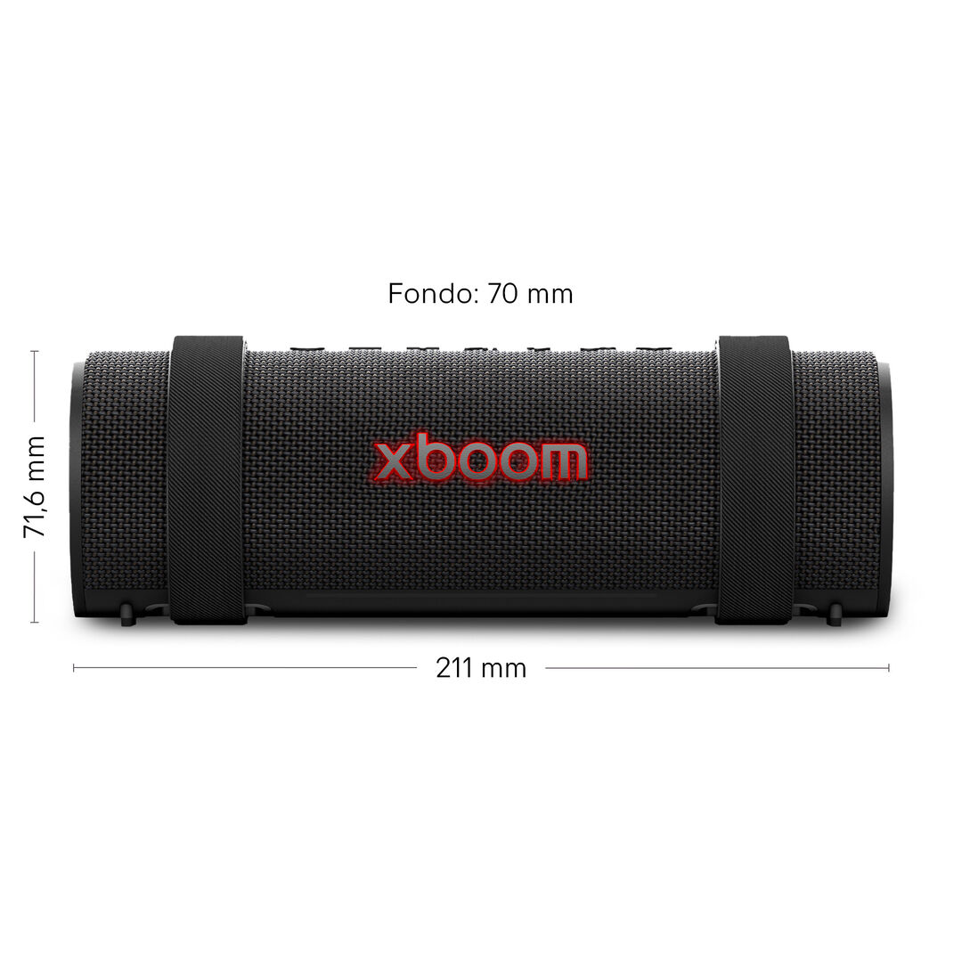 Altavoz portátil robusto IP67, correa integrada, 20 h, sonido potente y luz dinámica.