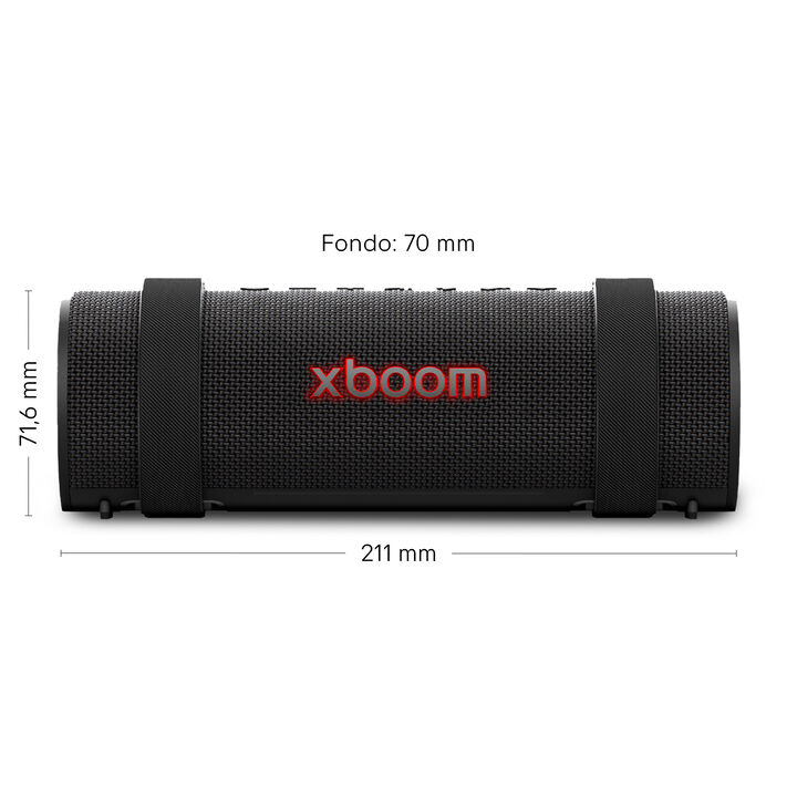 Altavoz portátil robusto IP67, correa integrada, 20 h, sonido potente y luz dinámica.