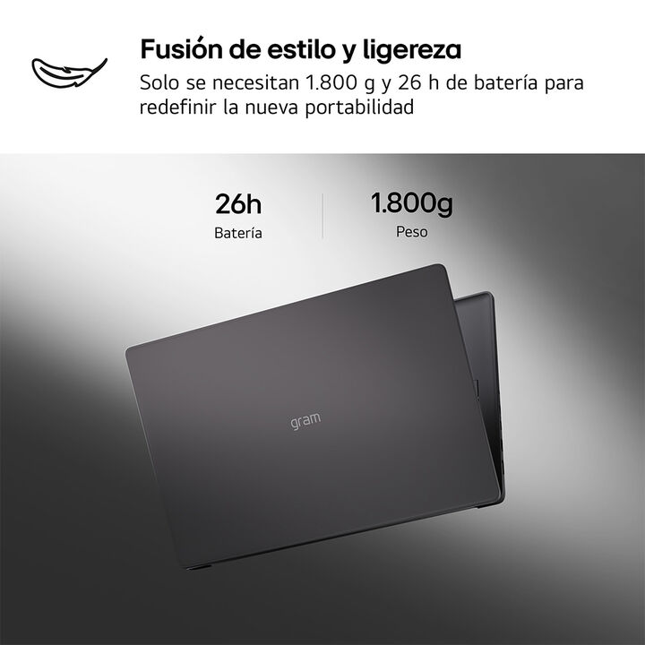 <p>Port&aacute;til ultraligero LG gram de 16", procesador Ryzen AI 5 430, 16 GB RAM, 512 GB SSD, hasta 26 horas de autonom&iacute;a, 1.800 g de peso, color Negro carb&oacute;n, Windows 11 Home. Modelo 16U55U-G.AS55BN.</p>