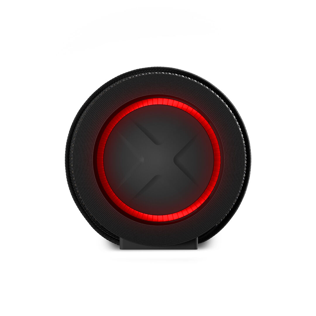 Altavoz portátil robusto IP67, correa integrada, 20 h, sonido potente y luz dinámica.