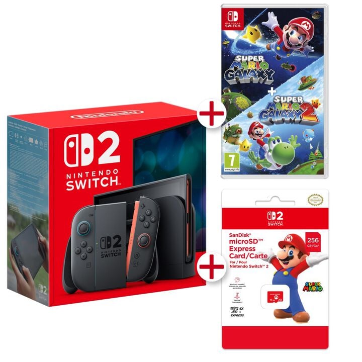 NUEVA CONSOLA NINTENDO SWITCH 2 + SUPER MARIO GALAXY 1 Y SUPER MARIO GALAXY 2 SWITCH + MICROSD EXPRESS CARD 256MB SWITCH 2 VERSI&Oacute;N ESPA&Ntilde;OLA GARANT&Iacute;A EUROPEA EU WARRANTY

Nintendo Switch 2 incluye:

&bull; Una consola Nintendo Switch 2

&bull; Mandos Joy-Con 2 (izquierdo y derecho)

&bull; Un soporte para mandos Joy-Con 2

&bull; Correas de los mandos Joy-Con 2

&bull; Una base de Nintendo Switch 2

&bull; Un cable HDMI de ultra alta velocidad

&bull; Un adaptador de corriente de Nintendo Switch 2

&bull; Un cable USB-C de carga

&bull; JUEGO COMPLETO SUPER MARIO GALAXY y SUPER MARIO GALAXY 2 SWITCH en formato de juego f&iacute;sico

&bull; Tarjeta MicroSD Express Card de 256Mb para Nintendo Switch 2

Con GameChat, todo el mundo podr&aacute; jugar en compa&ntilde;&iacute;a de nuevas maneras

Gracias a la nueva funci&oacute;n en l&iacute;nea GameChat*2, los usuarios podr&aacute;n jugar y hablar entre ellos como si estuvieran todos en la misma habitaci&oacute;n, sin importar la distancia que los separe en la realidad. Ya se trate de celebrar una victoria como simplemente de pasarse a saludar, con GameChat los usuarios tendr&aacute;n la sensaci&oacute;n de que sus amigos en l&iacute;nea del mundo entero est&aacute;n justo a su lado. Tras configurar GameChat, los usuarios solo tienen que pulsar el bot&oacute;n C situado en el mando Joy-Con 2 derecho para empezar un chat con sus amigos en cualquier momento. Mediante el micr&oacute;fono integrado de la consola, hasta 12 personas en distintas ubicaciones pueden comunicarse a trav&eacute;s del chat de voz mientras juegan. Adem&aacute;s, hasta cuatro personas pueden compartir sus pantallas y, si conectan una c&aacute;mara USB-C compatible, como la c&aacute;mara de Nintendo Switch 2 (a la venta por separado), tambi&eacute;n podr&aacute;n disfrutar del chat de v&iacute;deo y verse las caras mientras juegan y dan rienda suelta a todo su entusiasmo. Si m&aacute;s personas desean unirse a la sesi&oacute;n, solo podr&aacute;n hacerlo por medio del chat de voz. Hasta el 31 de marzo de 2026, se podr&aacute; disfrutar de GameChat sin necesidad de tener una suscripci&oacute;n a Nintendo Switch Online. Pasada esa fecha, ser&aacute; necesario contar con una suscripci&oacute;n.

Un mont&oacute;n de funciones y experiencias nuevas

Una pantalla m&aacute;s grande y con colores intensos que permite mostrar el movimiento con mayor fluidez Nintendo Switch 2 cuenta con una pantalla LCD de 7,9 pulgadas y 1080p que muestra im&aacute;genes en alta definici&oacute;n total (Full HD), aunque la consola sigue teniendo el mismo grosor que Nintendo Switch. Incluso en el modo port&aacute;til, Nintendo Switch 2 ofrece una experiencia de juego intensa y detallada, as&iacute; como gr&aacute;ficos fluidos que permiten ver en todo detalle los movimientos de los personajes y sus variadisimas expresiones faciales.

Los mandos Joy-Con 2 se acoplan a la consola con toda facilidad

Los mandos Joy-Con 2 son los mandos totalmente redise&ntilde;ados de Nintendo Switch 2 y se acoplan magn&eacute;ticamente a la consola. Ambos mandos se pueden usar a modo de rat&oacute;n desliz&aacute;ndolos sobre superficies como una mesa o el regazo de los jugadores para hacer una gran variedad de cosas, como por ejemplo, apuntar a los objetivos en ciertos juegos.

Un soporte que puede ajustarse en distintos &aacute;ngulos y un nuevo puerto USB-C

Los usuarios pueden ajustar el &aacute;ngulo del nuevo soporte situado en la parte trasera de NintendoSwitch 2 para jugar en la posici&oacute;n que m&aacute;s les apetezca. Mientras que Nintendo Switch solo cuenta con un puerto USB-C en la parte inferior de la consola, Nintendo Switch 2 a&ntilde;ade otro en

la parte superior, lo que permite a los jugadores usar el adaptador de corriente incluido con la consola para cargarla mientras juegan en el modo sobremesa.Tambi&eacute;n es posible conectar una c&aacute;mara USB-C compatible, como la c&aacute;mara de Nintendo Switch 2, para disfrutar del chat de

v&iacute;deo en GameChat.

Gran velocidad de procesamiento y rendimiento mejorado de los gr&aacute;ficos

El rendimiento de la CPU (unidad de procesamiento central) y la GPU (unidad de procesamiento de gr&aacute;ficos) de Nintendo Switch 2 se ha mejorado considerablemente con respecto a Nintendo Switch, lo que se traduce en una mayor velocidad de procesamiento y un aspecto visual

optimizado en los juegos. Tambi&eacute;n permite mostrar gr&aacute;ficos m&aacute;s detallados y acortar los tiempos de carga.

Sonido n&iacute;tido y audio espacial en 3DEn Nintendo Switch 2, el sonido es m&aacute;s definido y natural, con un equilibrio incluso mejor entre los rangos de frecuencia del audio. Cuando los usuarios jueguen en el modo port&aacute;til o en el modo sobremesa, podr&aacute;n disfrutar de los juegos con un sonido a&uacute;n m&aacute;s inmersivo y tridimensional.

Memoria interna de 256 GB

Nintendo Switch 2 dispone de 256 GB de memoria interna, ocho veces m&aacute;s que Nintendo Switch, para almacenar, entre otras cosas, juegos digitales y datos de guardado. En el caso de que se necesite almacenamiento adicional, Nintendo Switch 2 utiliza exclusivamente tarjetas microSD Express, que permiten leer datos a mayor velocidad en comparaci&oacute;n con modelos previos de tarjetas microSD.

Es posible jugar a t&iacute;tulos de Nintendo Switch en Nintendo Switch 2

En Nintendo Switch 2 se puede jugar tanto a t&iacute;tulos de Nintendo Switch 2 como a t&iacute;tulos compatibles de Nintendo Switch, ya sea en formato f&iacute;sico o digital. Es posible que algunos t&iacute;tulos de Nintendo Switch sean incompatibles o no compatibles en su totalidad con Nintendo Switch 2.

Los mandos Joy-Con y otros perif&eacute;ricos de Nintendo Switch, -como el mando Pro de Nintendo Switch, tambi&eacute;n se podr&aacute;n usar con Nintendo Switch 2 al conectarlos a la consola de manera inal&aacute;mbrica. En la p&aacute;gina web de Nintendo hay m&aacute;s informaci&oacute;n disponible sobre la compatibilidad con juegos y accesorios de Nintendo Switch.

La nueva base de Nintendo Switch 2

Si los usuarios conectan la base de Nintendo Switch 2 al televisor, podr&aacute;n disfrutar de hasta 120 fps y de una resoluci&oacute;n de hasta 4K en juegos y televisores compatibles.

M&uacute;ltiples personas pueden jugar a un mismo t&iacute;tulo con GameShare

Gracias a GameShare, una nueva funci&oacute;n de Nintendo Switch 2, los usuarios podr&aacute;n compartir un t&iacute;tulo para jugarlo con otras personas, incluso si estas no disponen de una copia del juego en cuesti&oacute;n. Por ejemplo, si una persona tiene una consola Nintendo Switch 2 y un juego compatible con GameShare, puede establecer la comunicaci&oacute;n local con las consolas Nintendo Switch 2 o Nintendo Switch de otros usuarios para invitarlos a jugar a dicho t&iacute;tulo de manera temporal. Si GameShare se usa entre consolas Nintendo Switch 2, tambi&eacute;n es posible utilizar GameChat durante partidas en l&iacute;nea para que los usuarios charlen con los dem&aacute;s mientras juegan a un mismo t&iacute;tulo.

Las tarjetas de juego virtuales aportan ventajas al uso de los juegos digitales

Las tarjetas de juego virtuales permiten a los usuarios gestionar f&aacute;cilmente los juegos digitales que tengan, jugarlos en dos consolas diferentes o incluso prest&aacute;rselos entre ellos. En la secci&oacute;n de la consola dedicada a las tarjetas de juego virtuales se muestran todos los juegos digitalesque un usuario ha adquirido con su cuenta Nintendo, lo que facilita acceder a ellos y cargarlos en la consola. Una vez que se cargue la tarjeta de juego virtual en una consola, cualquier usuario de la misma podr&aacute; jugar al juego incluso cuando la consola no est&eacute; conectada a internet. Adem&aacute;s, gracias a las tarjetas de juego virtuales los miembros de un mismo grupo familiar de la cuenta Nintendo pueden prestarse juegos entre s&iacute; por medio de la comunicaci&oacute;n local.
TARJETA DE MEMORIA 256 GB MICRO SD EXPRESS CARD PARA NINTENDO SWITCH 2 GARANT&Iacute;A EUROPEA EU WARRANTY

Tarjeta de memoria de 256 GB tipo Micro SD XC Express para la consola Nintendo Switch 2.

Con esta tarjeta puedes aumentar la capacidad de tu consola para descargar juegos y complementos.

Producto oficial Nintendo fabricado por SanDisk.
