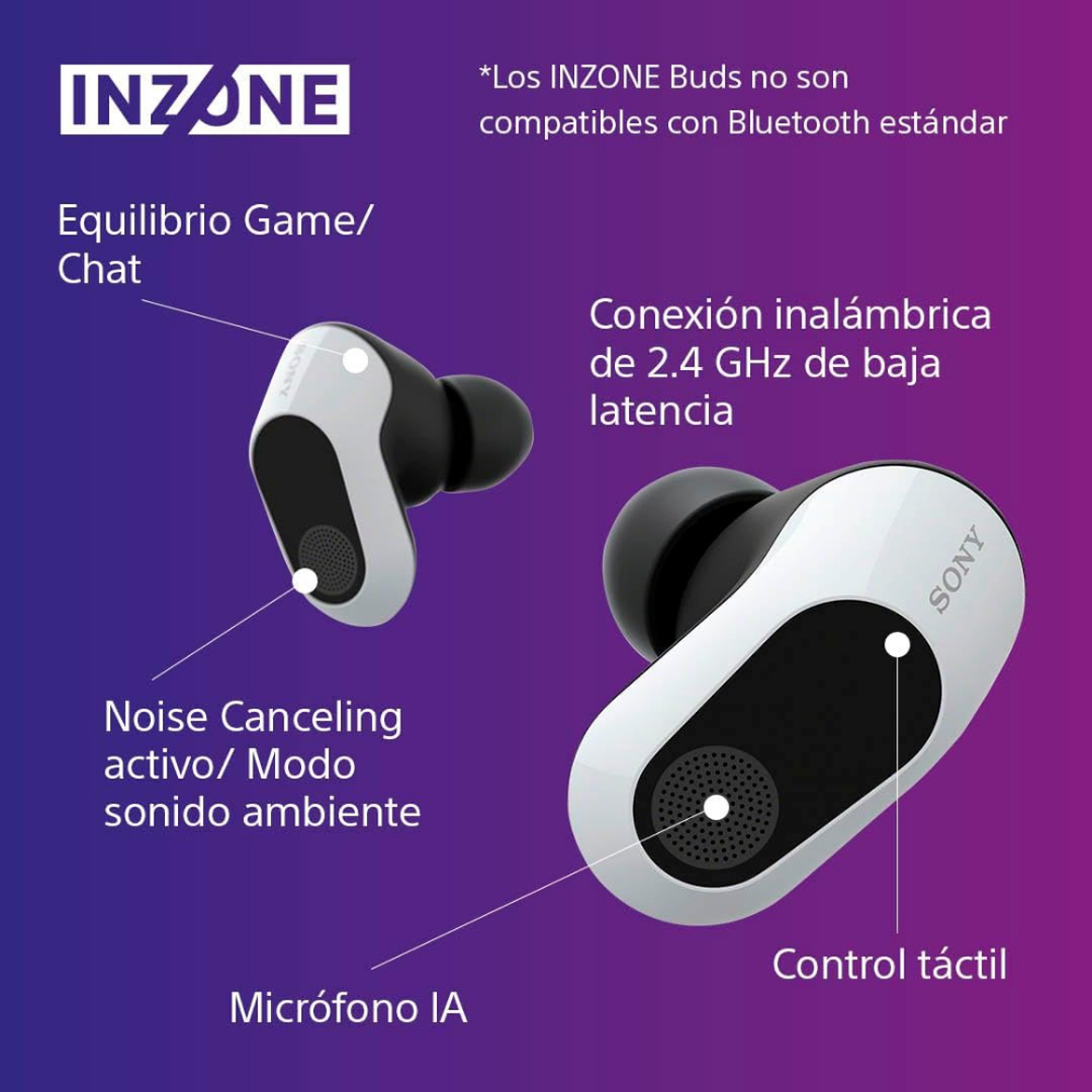 <p>Auriculares para gaming «True Wireless» INZONE Buds en color negro, que proporcionan a los gamers 360 Spatial Sound, baja latencia y tecnología Noise Cancelling. 12 horas de duración de la batería. micrófono asistido por IA.</p>