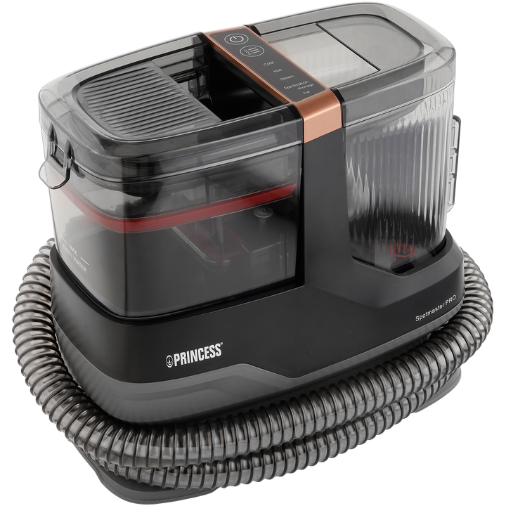 Presentamos el Princess Spot Master Pro - limpiador de manchas caliente (N&uacute;mero de art&iacute;culo: 01.332020.01.001). Este potente limpiador de manchas de 1800W cuenta con una funci&oacute;n de vapor con 4 modos de limpieza, cepillos multifuncionales, herramienta de limpieza y succi&oacute;n de agua para eliminar eficazmente manchas de cualquier superficie.