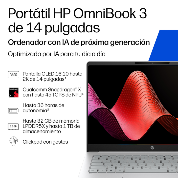 <p>HP OmniBook 3 Laptop Next Gen AI 14-hz0000nsx (D8PZ3EA).Capacidad de respuesta similar a la de un tel&eacute;fono m&oacute;vil y una incre&iacute;ble duraci&oacute;n de la bater&iacute;a. Potencia durante todo el d&iacute;a con el ordenador con IA de pr&oacute;xima generaci&oacute;n HP OmniBook 3 de 14 pulgadas. Este ordenador port&aacute;til de uso diario ofrece una capacidad de respuesta similar a la de un tel&eacute;fono m&oacute;vil en un monitor de 14 pulgadas y una bater&iacute;a con autonom&iacute;a para todo el d&iacute;a, lo que permite una mayor productividad o entretenimiento. El rendimiento optimizado por IA mejora la multitarea, mientras que los m&uacute;ltiples puertos te mantienen conectado, dondequiera que vayas.</p>