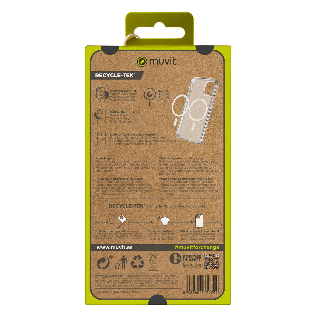 La protecci&oacute;n del medio ambiente es, hoy en d&iacute;a, una preocupaci&oacute;n en todo momento, junto a la preocupaci&oacute;n de proteger nuestro Smartphone. Con las fundas recycletek de muvit for change, proponemos una gama de fundas reciclables, fabricadas con fundas usadas y viejas. Una manera responsable de proteger nuestro smartphone. Porque contribuir en la lucha contra la contaminaci&oacute;n y proteger nuestro eco sistema, debe formar parte de nuestros gestos cotidianos.