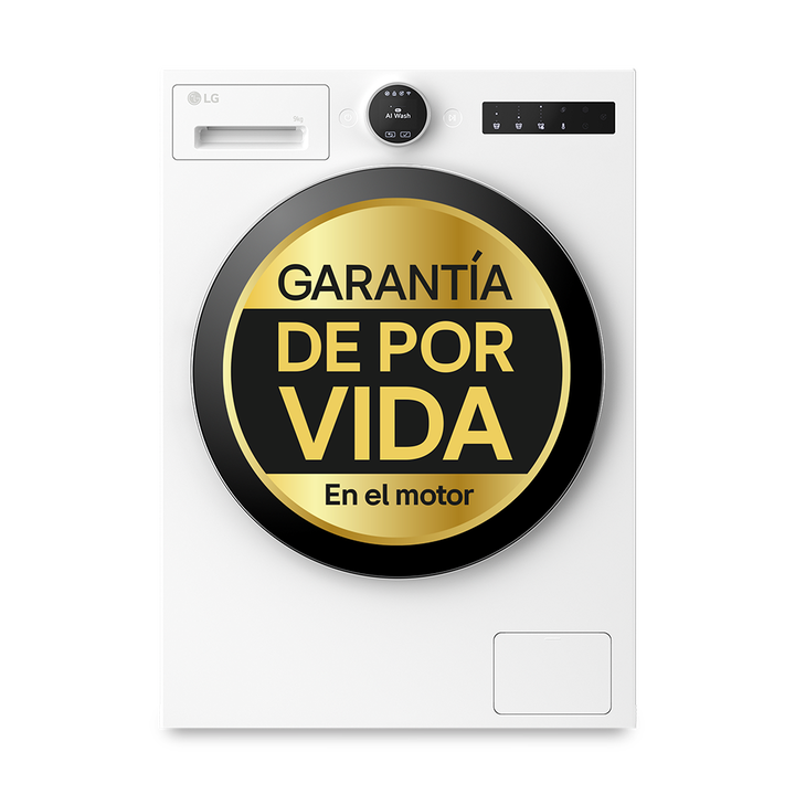Lavadora LG 9 kg con AI Direct Drive y TurboWash 360&deg;, 1400 rpm, conectividad ThinQ, alta eficiencia (&minus;60% vs A), color blanco.