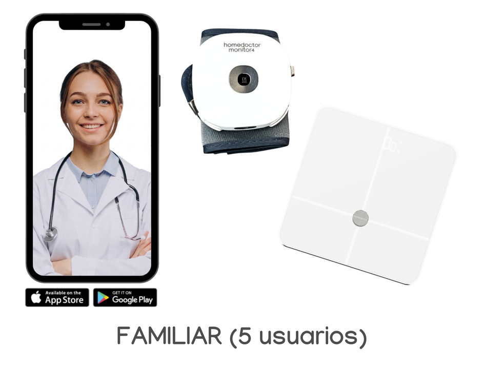 TU SALUD BAJO CONTROL, DONDE QUIERA QUE EST&Eacute;S

Lleva contigo la tranquilidad de un equipo de medida de tu salud en la palma de tu mano. 

El pack homedoctor LITE Familiar es la soluci&oacute;n perfecta para quienes buscan un seguimiento de salud profesional, riguroso y sin complicaciones, y conectado con doctores a trav&eacute;s de tu smartphone; y para toda la familia.

TECNOLOG&Iacute;A CL&Iacute;NICA ESENCIAL:

- Monitor de Constantes Vitales (Monitor 4): Precisi&oacute;n m&eacute;dica de bolsillo. Controla en segundos tu Presi&oacute;n Arterial, Frecuencia Card&iacute;aca, Temperatura y Saturaci&oacute;n de Ox&iacute;geno (SpO2).
- Una b&aacute;scula inteligente: Control de peso y composici&oacute;n corporal sincronizado directamente con tu historial m&eacute;dico.
- App homedoctor: Tu historial m&eacute;dico inteligente. Sincroniza tus mediciones autom&aacute;ticamente y con&eacute;ctate con un m&eacute;dico por videoconsulta en tiempo real.

SERVICIO M&Eacute;DICO INCLUIDO (48 meses): 
- Acceso para 5 usuarios a la red m&eacute;dica de homedoctor, principalmente desde el Parc Sanitari de la orden hospitalaria de San Juan de Dios. 
- Videoconsultas 24/7 sin cita previa y receta m&eacute;dica electr&oacute;nica inmediata en tu m&oacute;vil.
- M&eacute;dico personal a diario.
- Especialistas m&eacute;dicos, con garant&iacute;a de atenci&oacute;n en menos de una semana.
- Nutricionista.
- Psic&oacute;logo.
- Consultas presenciales y pruebas diagn&oacute;sticas con copago.
- Incluye seguro dental.

HOMEDOCTOR ES LA MEJOR ALTERNATIVA A UN SEGURO DE SALUD

Los dispositivos homedoctor est&aacute;n destinados a personas que quieren tomar el control de su salud sin salir de casa. Con servicios de consulta m&eacute;dica y pruebas diagn&oacute;sticas sin restricciones para todas las edades, todos los estados de salud, sin cuestionarios ni carencias.