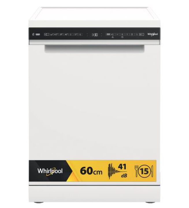 Lavavajillas Whirlpool W7F HS41 de libre instalaci&oacute;n de 60 cm, con capacidad para 15 servicios, 8 programas de lavado, tecnolog&iacute;a 6th Sense PowerClean, sistema de secado NaturalDry mediante apertura autom&aacute;tica de puerta, tercera bandeja flexible para cubiertos y clasificaci&oacute;n energ&eacute;tica C. Ofrece un funcionamiento silencioso de 41 dB, gran capacidad interior gracias a la cuba MaxiSpace y bajo consumo de agua.