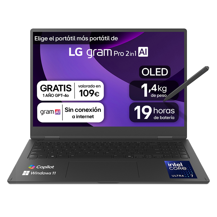 Port&aacute;til ultraligero LG gram pro de 16", procesador Intel&reg; Core&trade; Ultra7 255H, 32 GB RAM, 1 TB SSD, hasta 19 horas de autonom&iacute;a, 1.399 g de peso, color Negro, Windows 11 Home. Modelo 16T90TP-K.AD88BN