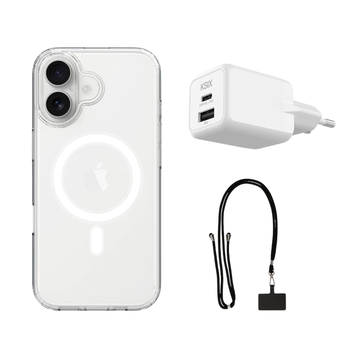<p>El pack KSIX para iPhone 17 re&uacute;ne tres accesorios esenciales para proteger, cargar y llevar tu smartphone con total comodidad en el d&iacute;a a d&iacute;a. Incluye una funda transparente Flex MagCharge compatible con carga magn&eacute;tica, un cargador GaN de 30W con carga r&aacute;pida y un colgante universal con tarjeta adaptadora. Una soluci&oacute;n pr&aacute;ctica pensada para mantener tu iPhone protegido, siempre con bater&iacute;a y a mano mientras te mueves por la ciudad, viajas o trabajas.</p>