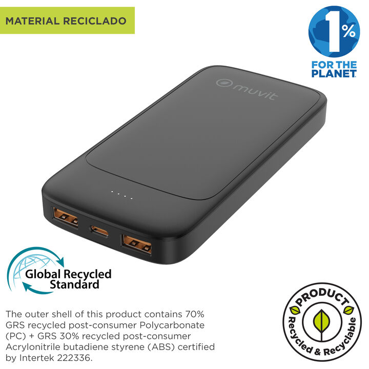 Bater&iacute;a externa de 10000 mAh de color negro de muvit for change. Esta Power Bank dispone un 2 puerto USB A y uno tipo C y est&aacute; hecha con materiales reciclados y reciclables y bater&iacute;a de ion de litio. Incorpora un cable USB-C de 30 cm de TPE reciclado.